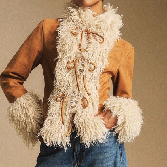 Classic Vegan Suede Fur Front Tie Fitted Jacket - Picture 1 of 7